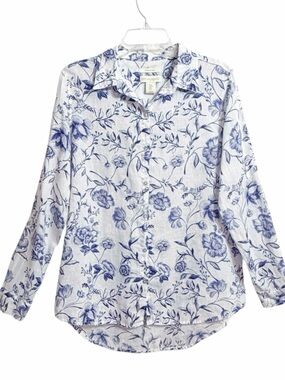 Cynthia Rowley Floral Linen Shirt Womens M White Roll Tab Sleeve Coastal Classic